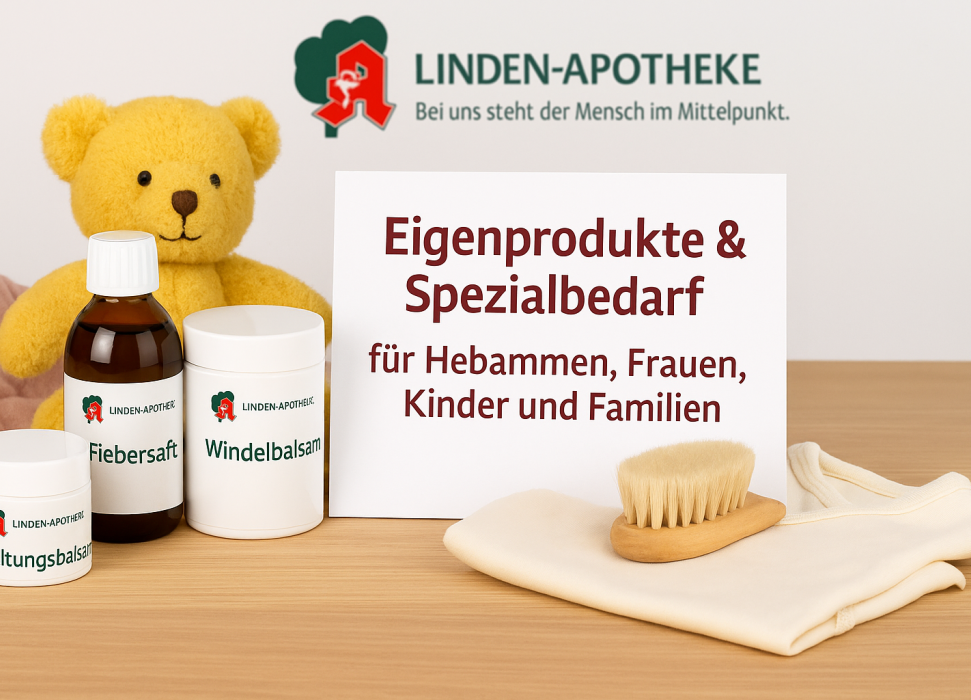 Liebevoll zusammengestellte Pflegeprodukte für Frauen, Babys und Familien – inklusive Salben, Tropfen und Teemischungen stehen auf einen Tisch. KI‑generiert
