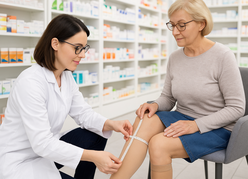 In einem diskreten Beratungsraum misst eine Apothekenmitarbeiterin im weißen Kittel mit einem Maßband den Oberschenkel einer Frau, die hautfarbene Kompressionsstrümpfe trägt. KI‑generiert