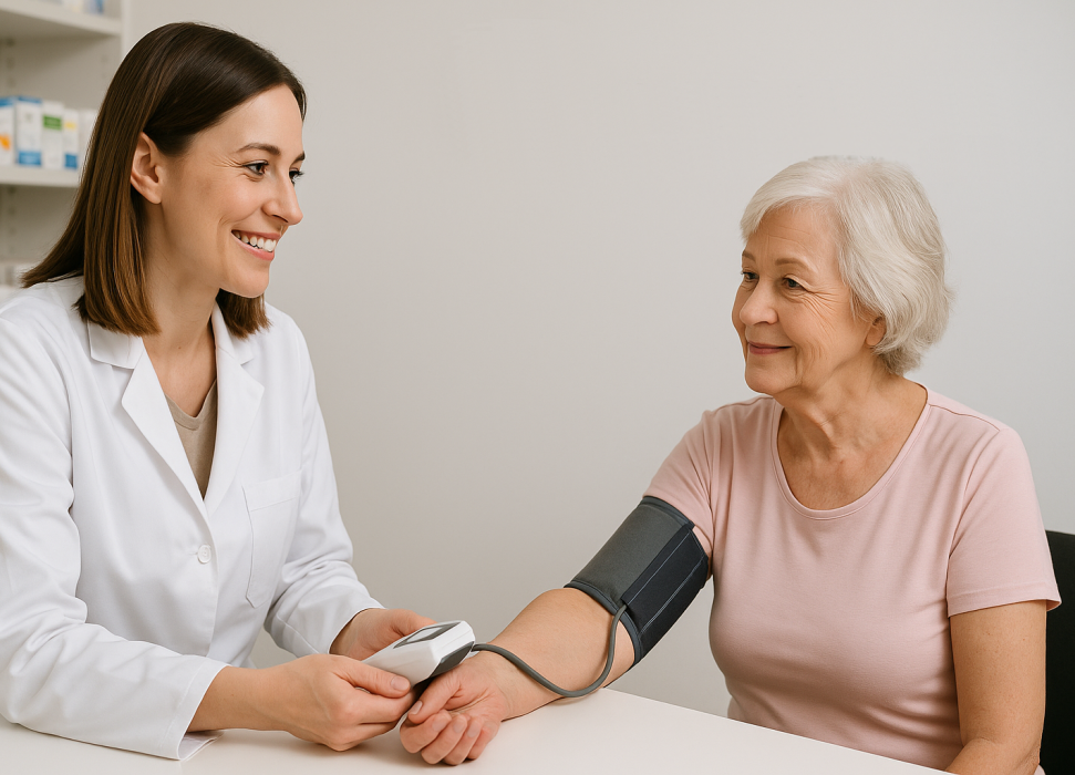 Apothekerin misst mit einem digitalen Blutdruckmessgerät den Blutdruck einer Seniorin in einem Apotheken-Beratungsraum. KI‑generiert