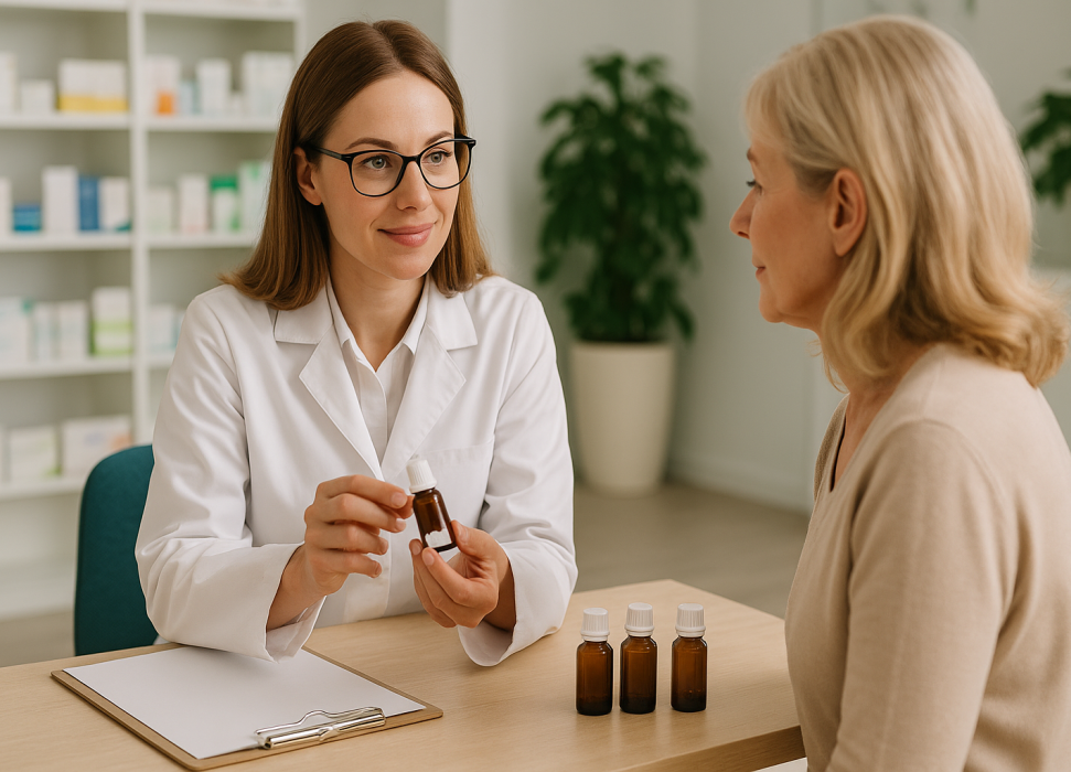 Eine Apothekerin sitzt mit einer Kundin an einem Schreibtisch und berät sie zur Homöopathie. Sie hält erklärend ein Homöophatieprodukt in der Hand, drei weitere stehen auf dem Tisch. KI‑generiert