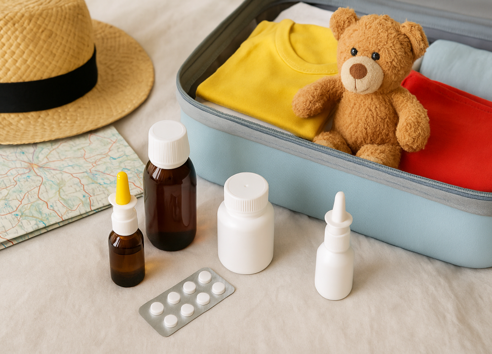 Ein gepackter Kinderkoffer mit Kleidung und einem Teddybär. Davor liegen ein Sonnenhut, eine Landkarte und verschiedene Medikamente für eine Reiseapotheke.