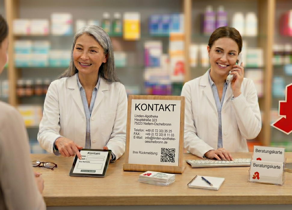 Zwei freundliche Mitarbeiterinnen der Linden-Apotheke beraten die Kundschaft persönlich und telefonisch am Verkaufstresen.