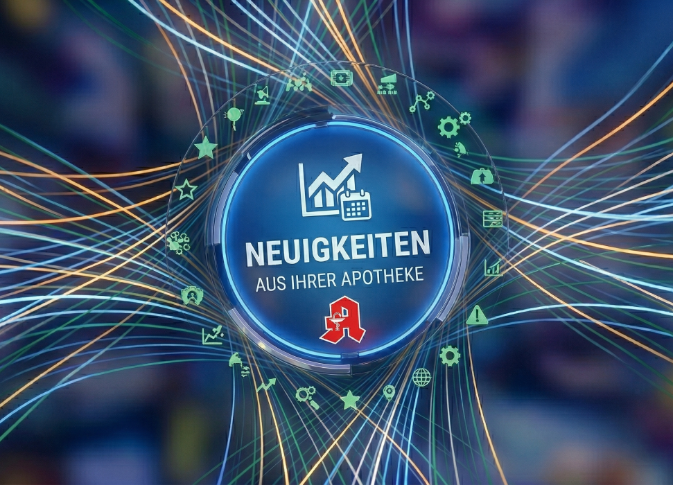 Eine abstrakte Grafik mit leuchtenden, blauen und orangenen Datenströmen sowie dem roten Apotheken-A, die den digitalen Informationsfluss symbolisiert.
