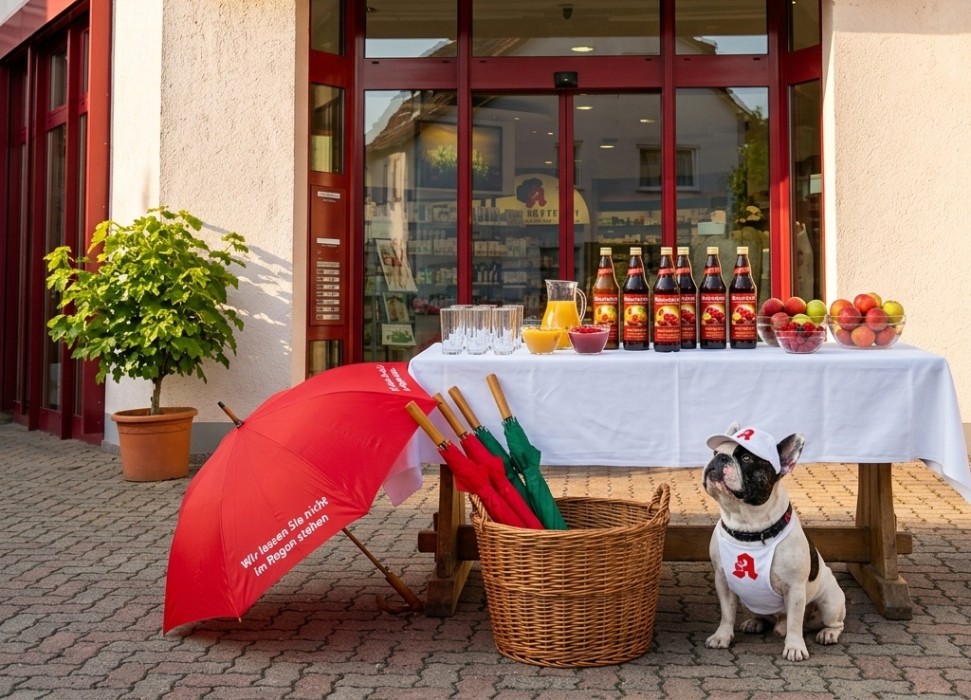 Ein Stisch mit Säften und Gläsern mit Apotheken Hund Leopold vor der Linden-Apotheke