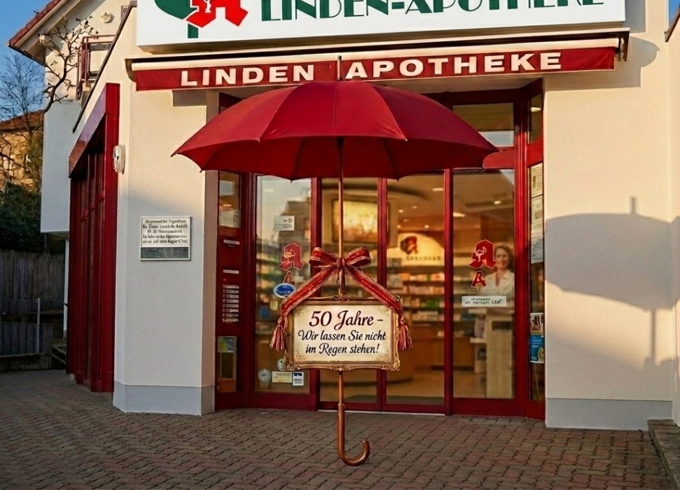 Linden-Apotheke in Öschelbronn mit einem großen roten Jubiläums-Regenschirm vor dem Eingang an einem sonnigen Tag.