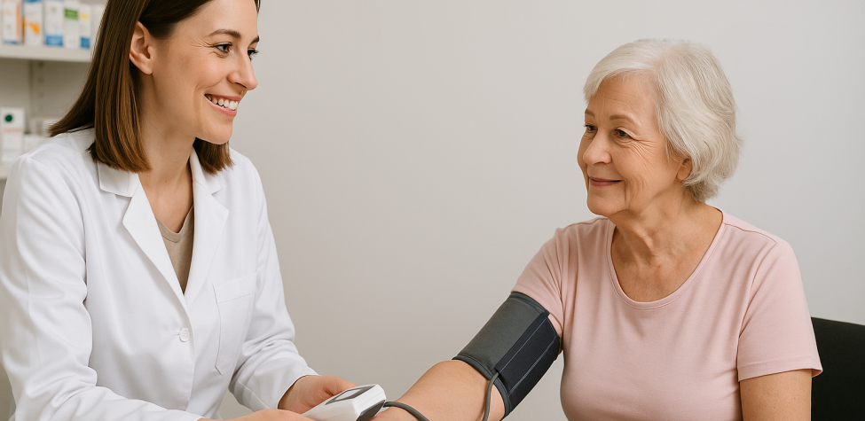 Apothekerin misst mit einem digitalen Blutdruckmessgerät den Blutdruck einer Seniorin in einem Apotheken-Beratungsraum. KI‑generiert