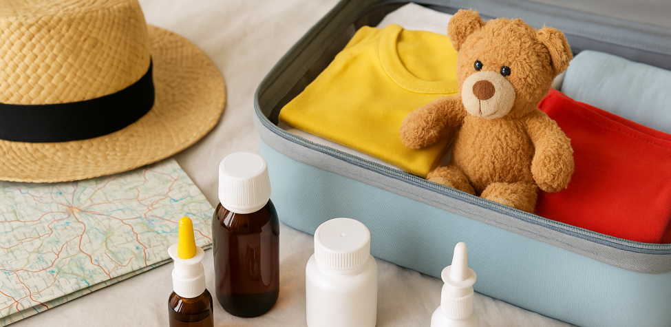 Ein gepackter Kinderkoffer mit Kleidung und einem Teddybär. Davor liegen ein Sonnenhut, eine Landkarte und verschiedene Medikamente für eine Reiseapotheke.