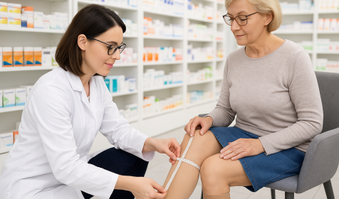 In einem diskreten Beratungsraum misst eine Apothekenmitarbeiterin im weißen Kittel mit einem Maßband den Oberschenkel einer Frau, die hautfarbene Kompressionsstrümpfe trägt. KI‑generiert