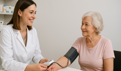 Apothekerin misst mit einem digitalen Blutdruckmessgerät den Blutdruck einer Seniorin in einem Apotheken-Beratungsraum. KI‑generiert