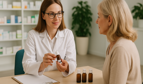 Eine Apothekerin sitzt mit einer Kundin an einem Schreibtisch und berät sie zur Homöopathie. Sie hält erklärend ein Homöophatieprodukt in der Hand, drei weitere stehen auf dem Tisch. KI‑generiert