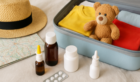 Ein gepackter Kinderkoffer mit Kleidung und einem Teddybär. Davor liegen ein Sonnenhut, eine Landkarte und verschiedene Medikamente für eine Reiseapotheke.