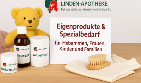 Liebevoll zusammengestellte Pflegeprodukte für Frauen, Babys und Familien – inklusive Salben, Tropfen und Teemischungen stehen auf einen Tisch. KI‑generiert