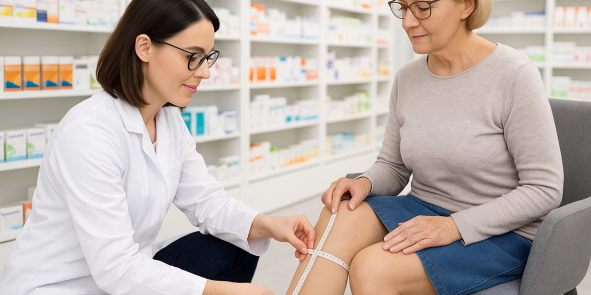 In einem diskreten Beratungsraum misst eine Apothekenmitarbeiterin im weißen Kittel mit einem Maßband den Oberschenkel einer Frau, die hautfarbene Kompressionsstrümpfe trägt. KI‑generiert