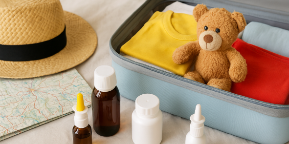 Ein gepackter Kinderkoffer mit Kleidung und einem Teddybär. Davor liegen ein Sonnenhut, eine Landkarte und verschiedene Medikamente für eine Reiseapotheke.