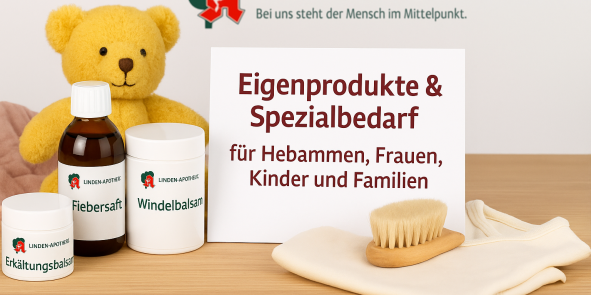 Liebevoll zusammengestellte Pflegeprodukte für Frauen, Babys und Familien – inklusive Salben, Tropfen und Teemischungen stehen auf einen Tisch. KI‑generiert