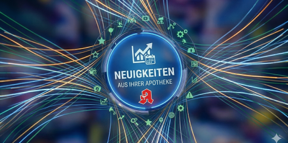 Eine abstrakte Grafik mit leuchtenden, blauen und orangenen Datenströmen sowie dem roten Apotheken-A, die den digitalen Informationsfluss symbolisiert.