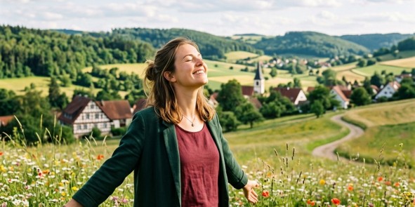 Frau steht auf Blumenwiese