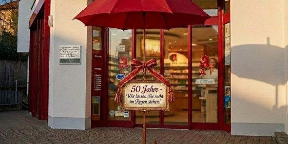 Linden-Apotheke in Öschelbronn mit einem großen roten Jubiläums-Regenschirm vor dem Eingang an einem sonnigen Tag.