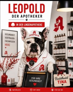 Apotheke Hund Leopold mit Käppi, Kittel im Apotheken-Look