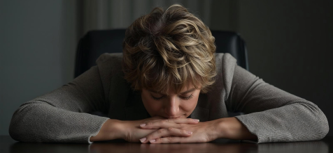 Frau liegt mit Kopf auf dem Tisch